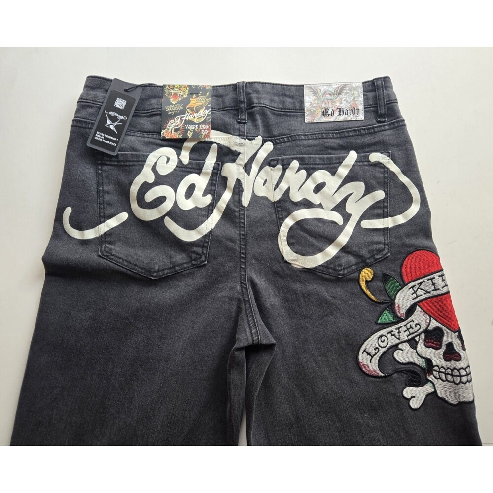 NWT Ed Hardy womens Love Kills Slowly black jeans size 30 wide leg embroidered‎